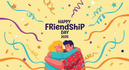 Happy Friendship Day 2025: Celebrating with Confetti and Hugs. Joyful friends embracing amidst festive streamers and stars on a yellow background