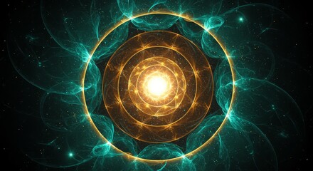 Abstract glowing portal with intricate golden and teal energy patterns in deep space