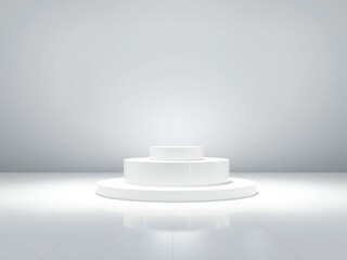 Fototapeta premium Clean white circular pedestal stage with soft lighting and reflections
