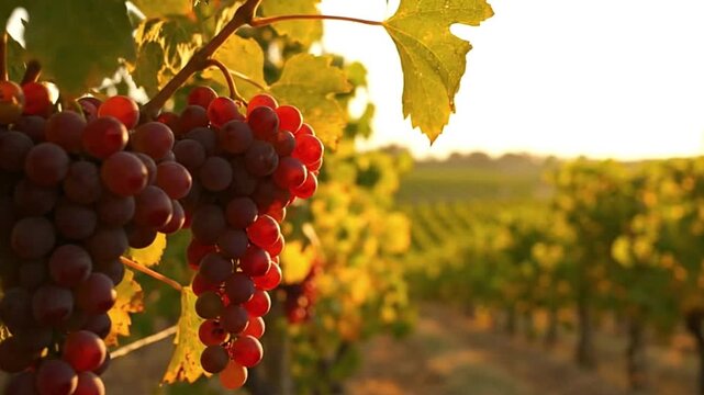 Vineyards Ripe red grapes hang sunlight filters through leaves neat rows of vineyard stretch into the golden horizon