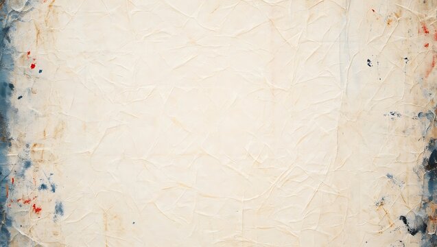 Textured beige paper with blue and red paint stains on edges, Old creased paper with abstract paint splatters creating a vintage feel