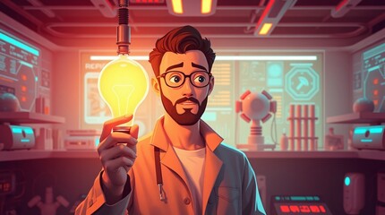 Businessman Holding Glowing Light Bulb with Innovation and Marketing Strategy Icons – Modern Business Concept.