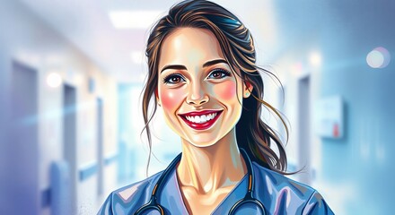 Attractive Female Family Doctor with Stethoscope – Friendly and Reliable Virology Clinic Consultation Portrait on Grey Background.

