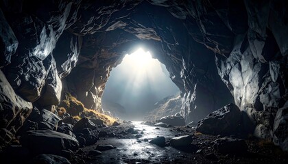 Sunlight streams into a dark cave