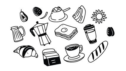 Breakfast Line Art Collection: An assortment of delicious breakfast essentials, each meticulously outlined in elegant line art, perfect for culinary-themed projects.