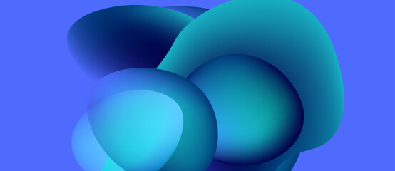 Abstract shapes overlap, creating vibrant blue gradients. Smooth forms suggest fluidity, depth, modern design aesthetic.