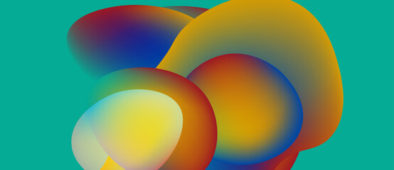 Abstract colorful shapes overlap. Vibrant gradients create fluid forms against teal background. Modern design, smooth transitions.