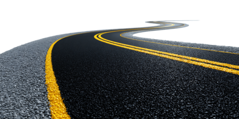 Winding Asphalt Road with Double Yellow Lines Perspective View Isolated on Transparent Background for Transportation and Travel Concept, PNG