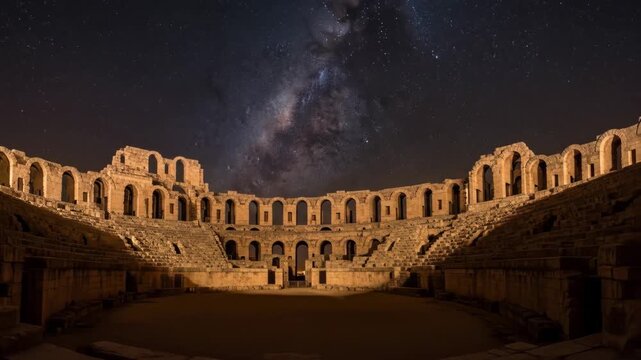 Ancient Roman Amphitheater at Night Under the Milky Way - The El Jem amphitheater in Tunisia is dramatically lit at night, showcasing its architectural details against a backdrop of a stunning,