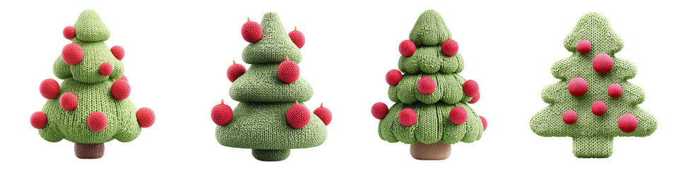 Collection of 3D-rendered icons knitted cartoon texture throughout green Christmas knitted tree with knitted red ornaments, isolated white or transparent background
