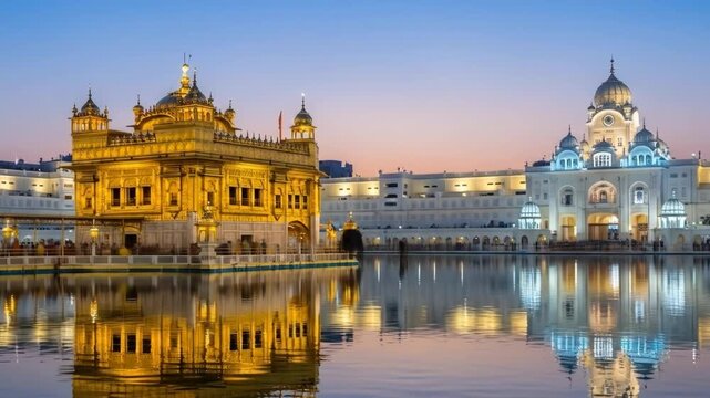 Golden Temple Amritsar at Dusk - The stunning Golden Temple (Harmandir Sahib) in Amritsar, India, reflects in the calm waters at twilight.