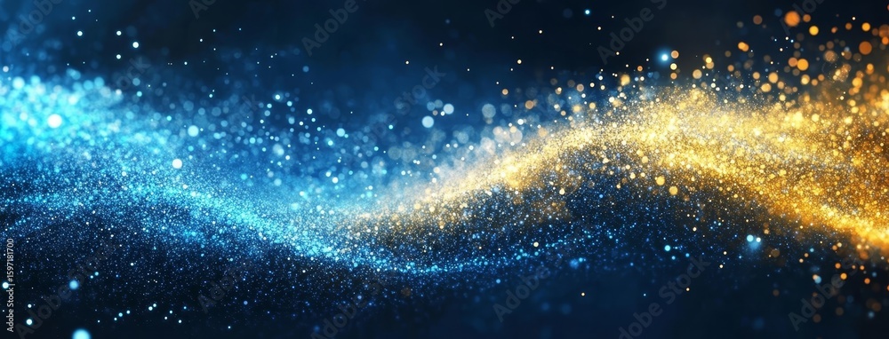 Wall mural abstract wave of blue and gold particles on dark background
