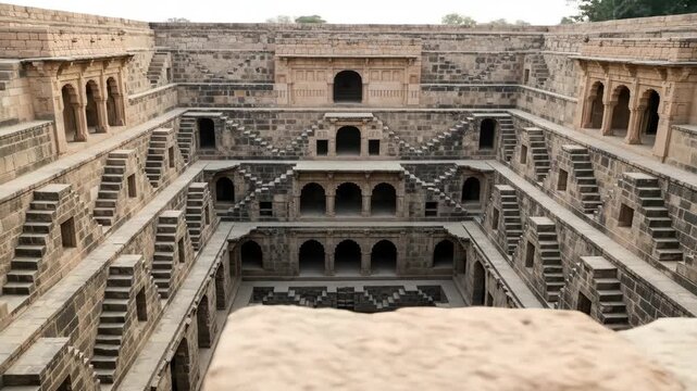 Ancient Stepwell Architecture in India - A high-angle, wide shot captures the intricate details of a historical stepwell in India.