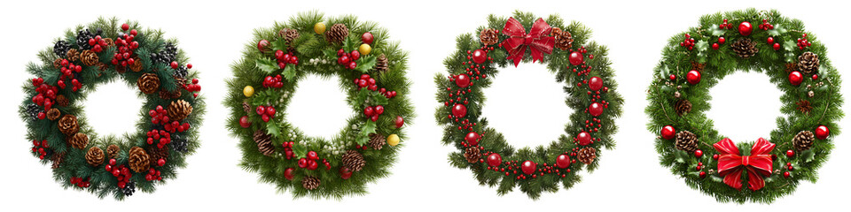 Collection of Christmas fir wreaths isolated on white or transparent background