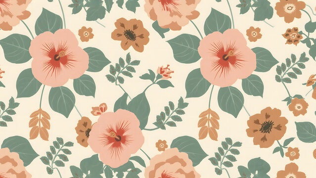 Floral pattern featuring peach-colored flowers and brown blossoms with green leaves on a cream background.