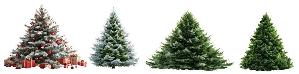 Collection of tall Christmas trees isolated against a clean white or transparent background