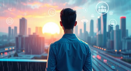 Back View of Young Businessman Standing Against Abstract City Background – Success and Development Concept with Double Exposure.

