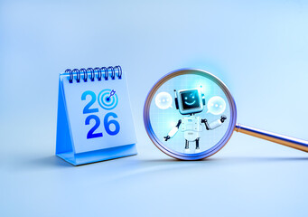 Happy new year 2026, AI SEO, more advanced technology concept. 2026 desk calendar with cute 3d chat robot, chatbot, efficiency automated analysis data tools, in magnifying glass on blue background.
