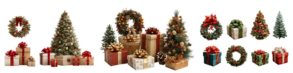 Collection of Christmas presents in boxes, Christmas tree and wreath isolated white or transparent background