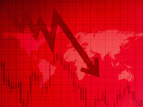 Economic crisis, downturn global economy, financial instability, business crash concept. Big fluctuating red arrow falling down on red graph line pattern background with stock charts and world map. - Powered by Adobe