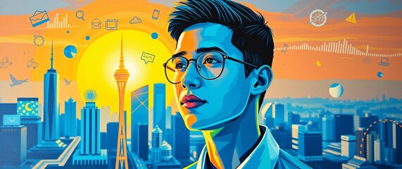 Confident Stylish Young Indian Man in  Shirt and  Eye Glasses wearing and standing  in Modern City background. 


