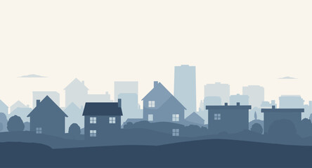 Suburban neighborhood silhouette with distant city skyline under a pale sky