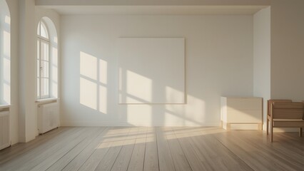 Fototapeta premium Minimalist Scandinavian-style empty room interior with large blank canvas, hardwood floors, and sunlight.