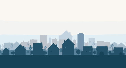 Obraz premium Suburban neighborhood skyline with houses and distant city buildings under a gradient sky
