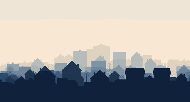 Serene suburban skyline at dawn with layered houses and bare trees in soft, hazy light