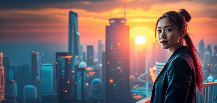 recognizable Businesswoman with standing and Futuristic HUD Overlay – Smart City and High-Tech Innovation Concept.