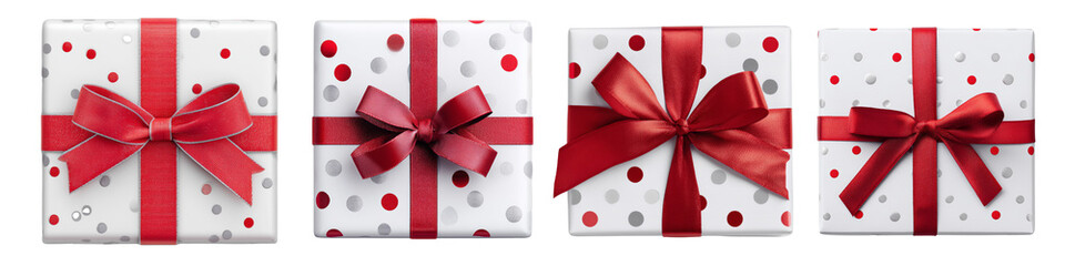 Collection of a white gift with red ribbon. The gift has dots red, light grey and metal grey, isolated on white or transparent background
