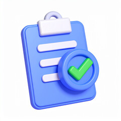 Blue clipboard with white paper and green checkmark in blue circle checklist task