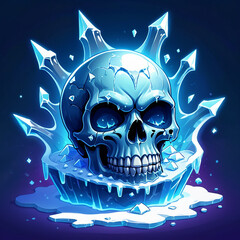 A skull encased in a glowing blue ice crown, surrounded by sharp shards, with melting ice below.