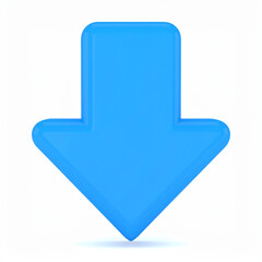 Bright blue 3 D arrow pointing downwards on a white background down arrow direction