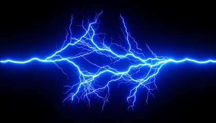 Bright blue electric lightning bolts crackling across a dark background electricity