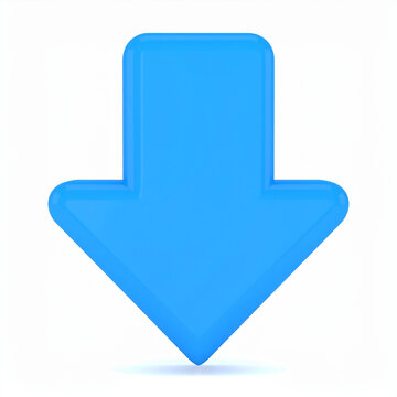Bright blue 3 D arrow pointing downwards on a white background down arrow direction