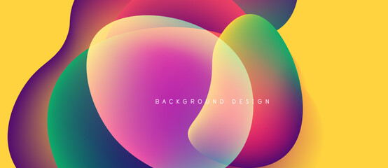 Abstract colorful shapes overlap, creating vibrant gradients. Yellow background provides contrast, modern design element.