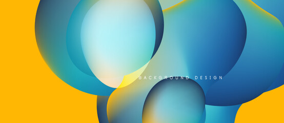 Abstract fluid shapes overlap, creating vibrant color gradients. Yellow, blue tones dominate composition. Modern design element.