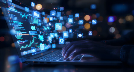 Person typing on laptop with glowing digital icons