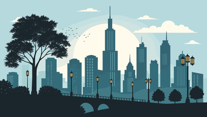 Obraz premium Iconic cityscape silhouette with a large tree and illuminated street lamps at twilight
