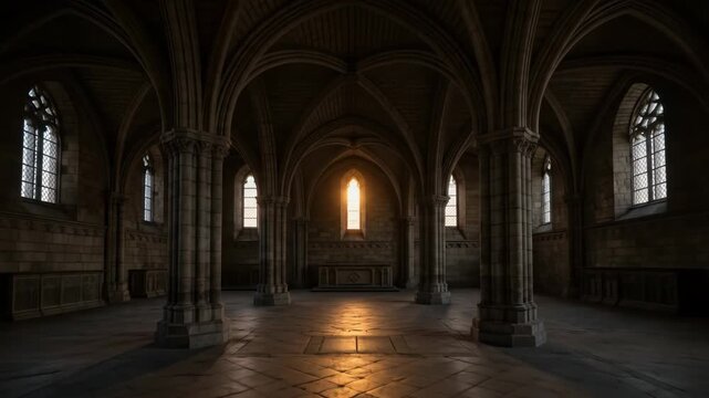 Sunlight Streaming Through Gothic Cathedral Windows - A sunbeam illuminates the stone floor of a gothic cathedral's chapel.