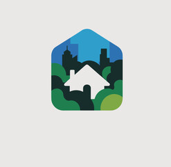 Obraz premium Stylized house icon nestled within a vibrant urban landscape and green foliage