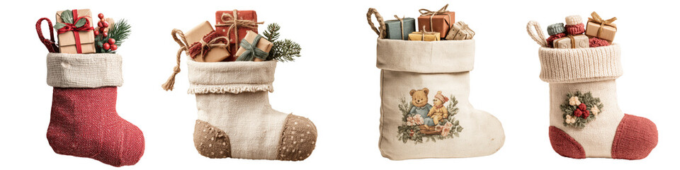 Collection of Christmas Stockings with presents, isolated white or transparent background