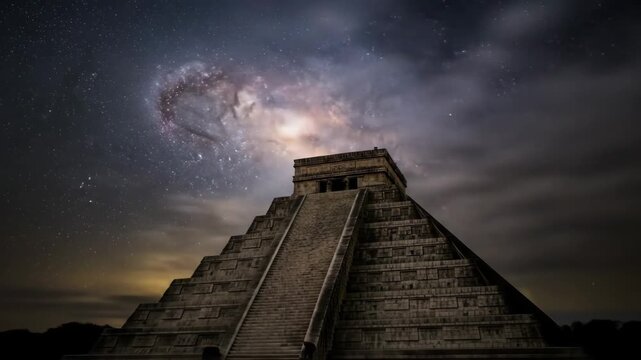 Mayan Pyramid Under Starry Night Sky - The ancient Mayan pyramid of Kukulkan stands tall against a breathtaking backdrop of a star-filled night sky, the Milky Way galaxy visible above.