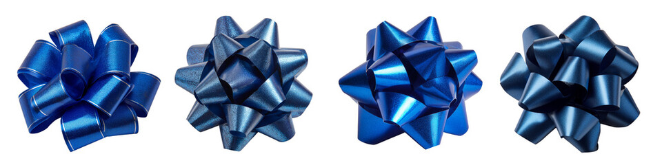 Collection of deep blue packaging bows, three-quarter view, isolated on white or transparent background