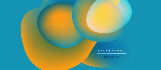 Abstract shapes overlap, creating vibrant color gradients. Blue backdrop complements orange, yellow hues. Modern design element.