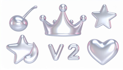 Silver 3 D rendered cherry crown star heart and v2 text icons metallic chrome