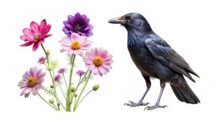 Crow animal and Cosmos flower isolated on transparent