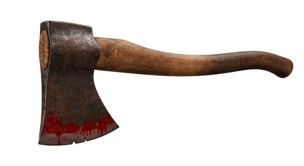 A bloodied old iron axe with a wooden handle