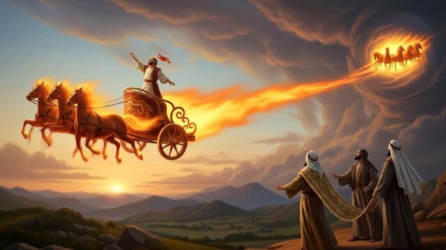 Prophet Ascending in Fiery Chariot - A prophet ascends to heaven in a fiery chariot pulled by horses, watched by three figures below.